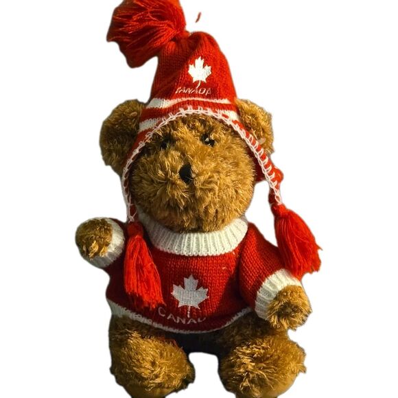Red & White Maple Leaf Sweater/Hat Canada Teddy Bear Plush 9 in Ready For Snow - Picture 1 of 6